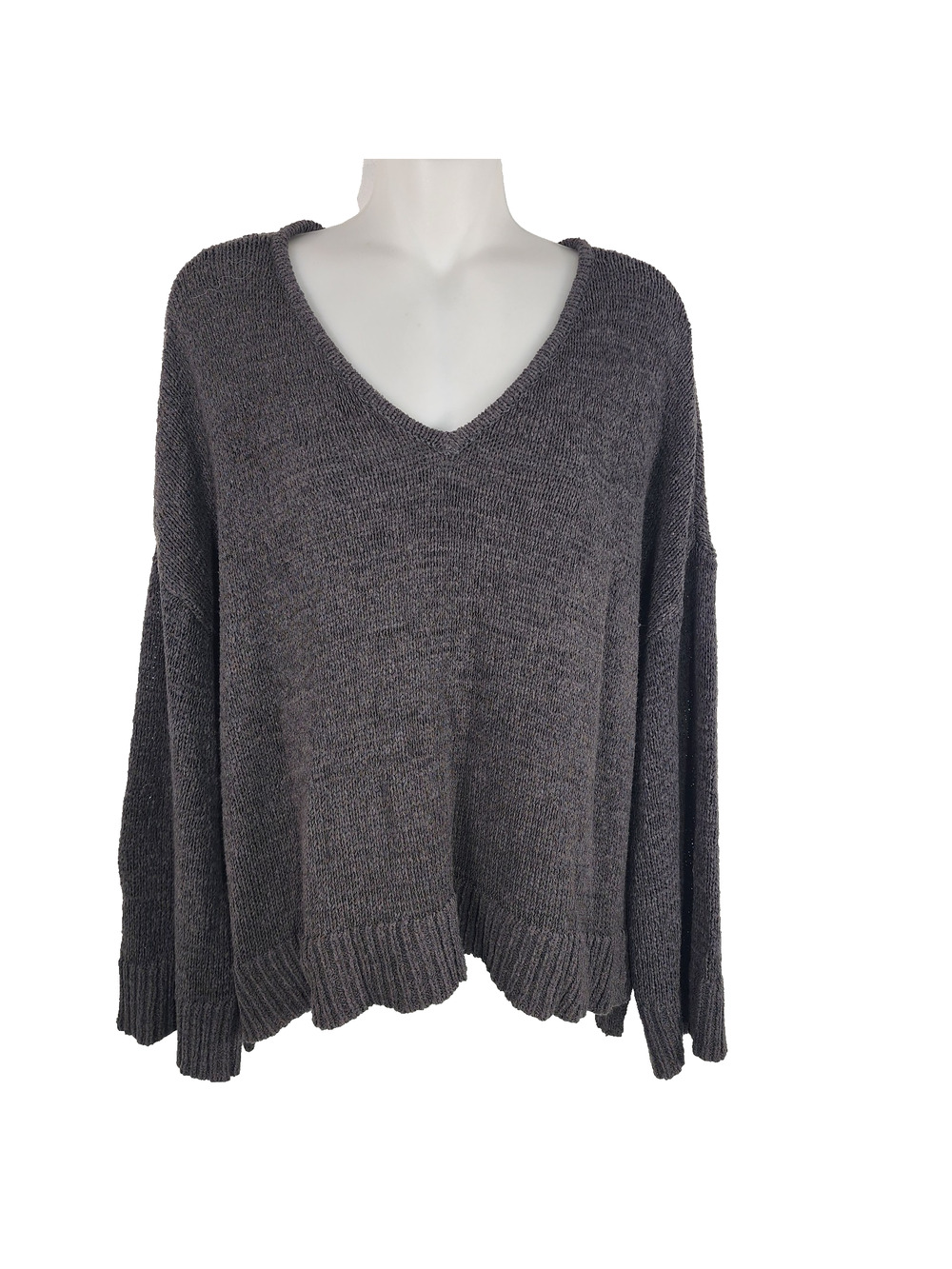 LOFT Womens Pullover Sweater Oversized Large Gray Long Sleeve V Neck Knit Slouch